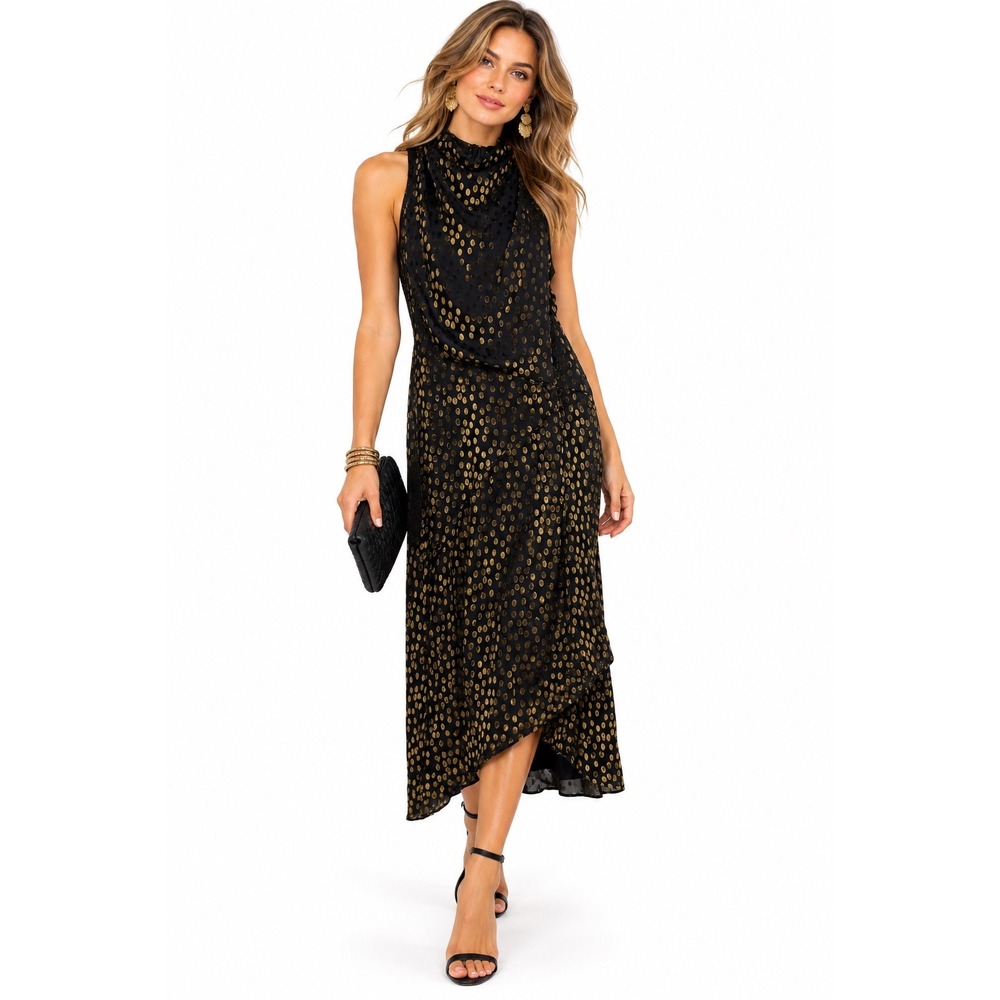 Donna Karan NY Gold Velvet Burnout Polka Dot Mock Neck Midi Dress Holiday Gala 8